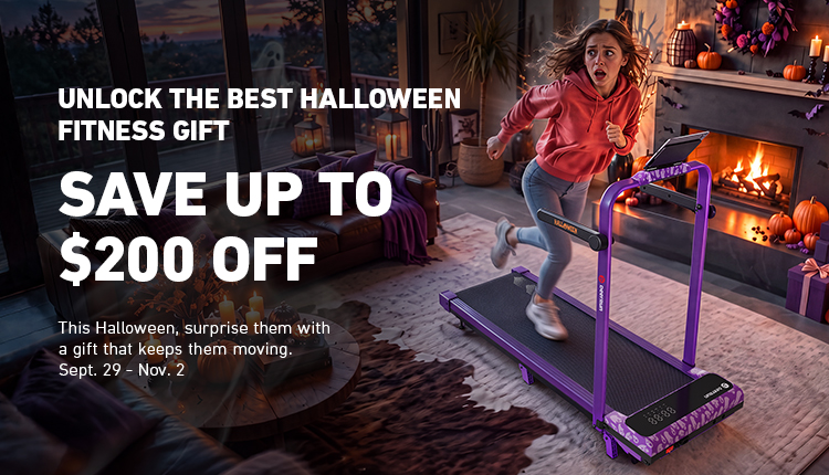 DeerRun Halloween fitness gift banner featuring a purple treadmill